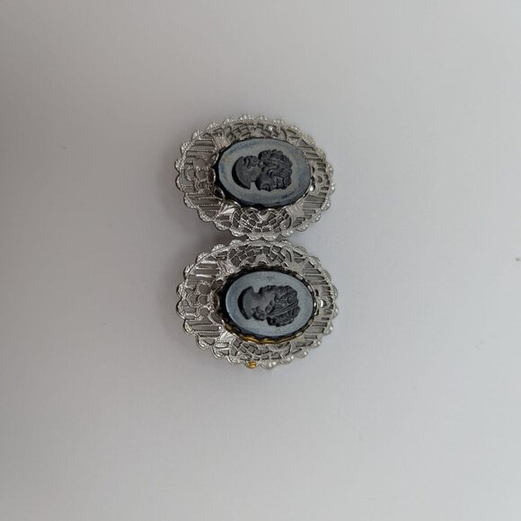 West Germany Black Cameo Silver Tone Filigree Clip-On Earrings 1960s - Picture 4 of 4